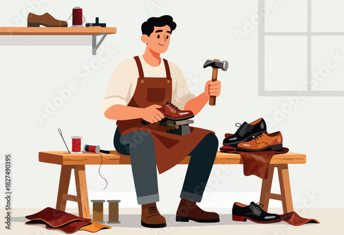 A cobbler in a leather apron hammers a shoe, other finished shoes and tools lie nearby