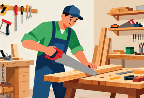 A carpenter, in a workshop, saws a piece of wood. Tools hang from the wall and sit on shelves