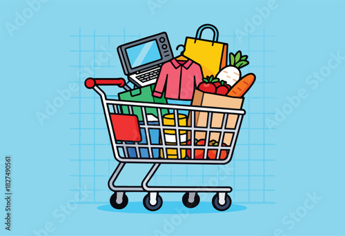 Cartoon image Shopping cart overflowing with groceries, clothing, and a laptop. Blue grid background