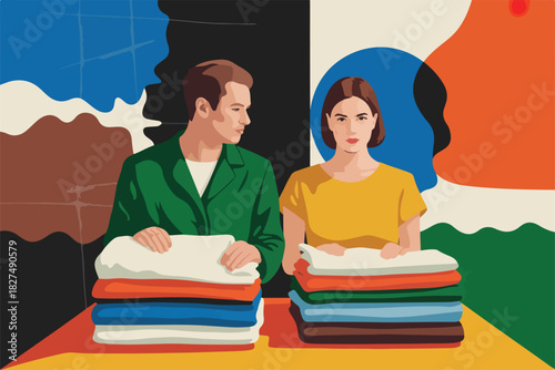 A man and woman, holding stacks of folded clothes on a yellow surface, with abstract background