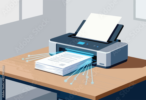 An illustration depicts a printer ejecting printed documents onto a stack on a desk. The beams illuminate the paper