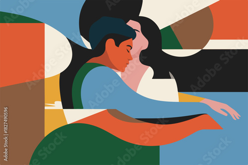 Stylized illustration of a couple embracing with closed eyes and arms around each other, vibrant colors