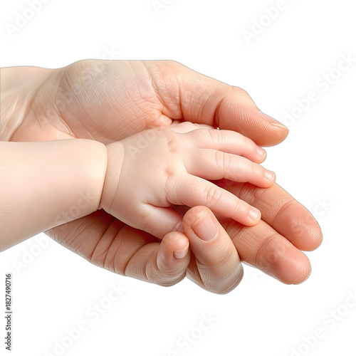 A close-up of an adult hand gently holding a small baby's hand against a black background.