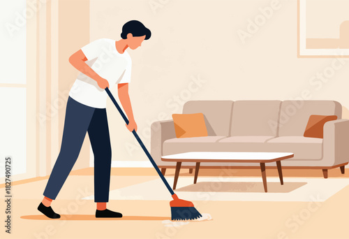 A person in a white shirt and navy pants mops a floor in a cozy living room setting