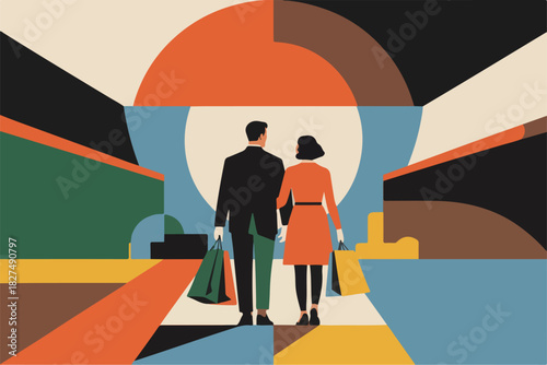 An abstract depiction of a couple from behind, holding hands & shopping bags, walking towards a geometric background