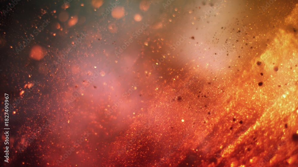Fototapeta premium Fiery abstract with a chaotic blend of warm tones and scattered particles. Depth is created by soft blurs.
