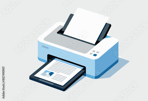 A blue and white office printer is shown with paper in the input and output trays. A document is printing