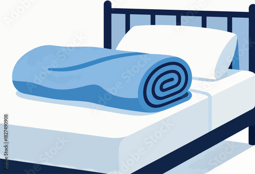 Simple illustration of a bed with a rolled-up blue blanket and a white pillow on a white bed