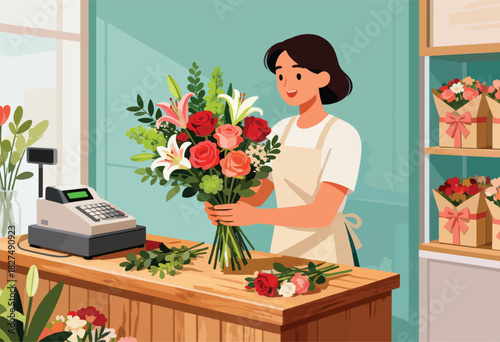 A florist in an apron smiles while holding a lush bouquet; cash register and more flowers on the wooden counter