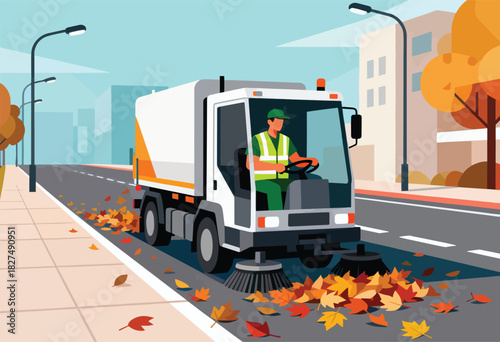 A street sweeper truck clears autumn leaves, driven by a uniformed worker, on a city street