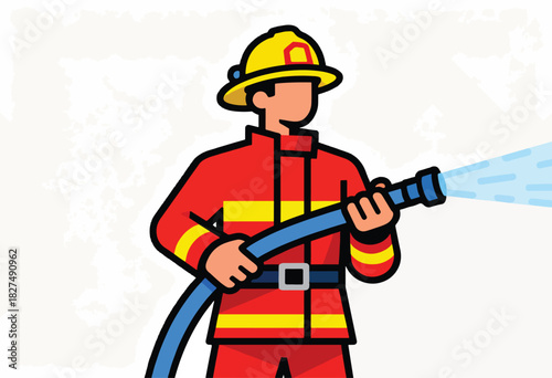 A stylized fireman in red suit and helmet, with hose spraying water, on a textured white backdrop