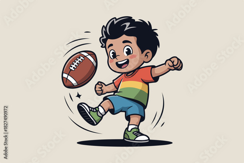 Cartoon illustration of a smiling child kicking a football with energy on a neutral background