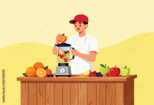 A person adds an orange to a blender filled with fruit, alongside fruit on a wooden table