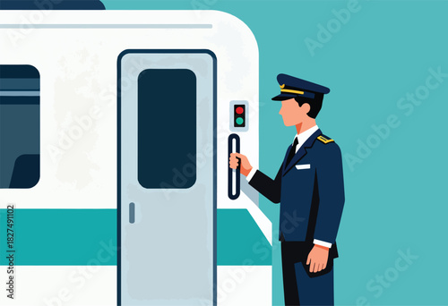 A uniformed railway worker opens a train door with a red and green light indicator next to it