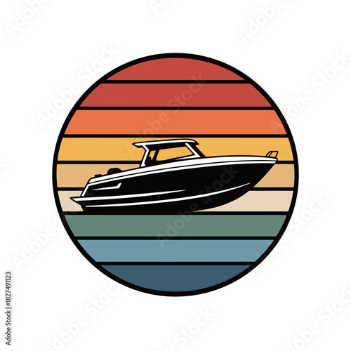 Motorboat in Retro Sunset Circle Illustration