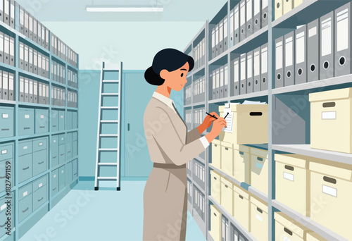 A woman in a light suit examines documents in an archive filled with shelves and boxes. A ladder leans against the wall