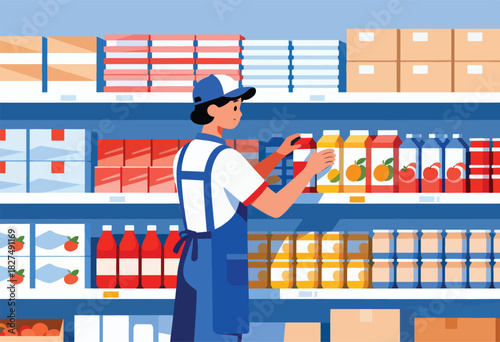 A grocery store worker, in blue apron and cap, arranges juice boxes on a shelf. Shelves are stocked