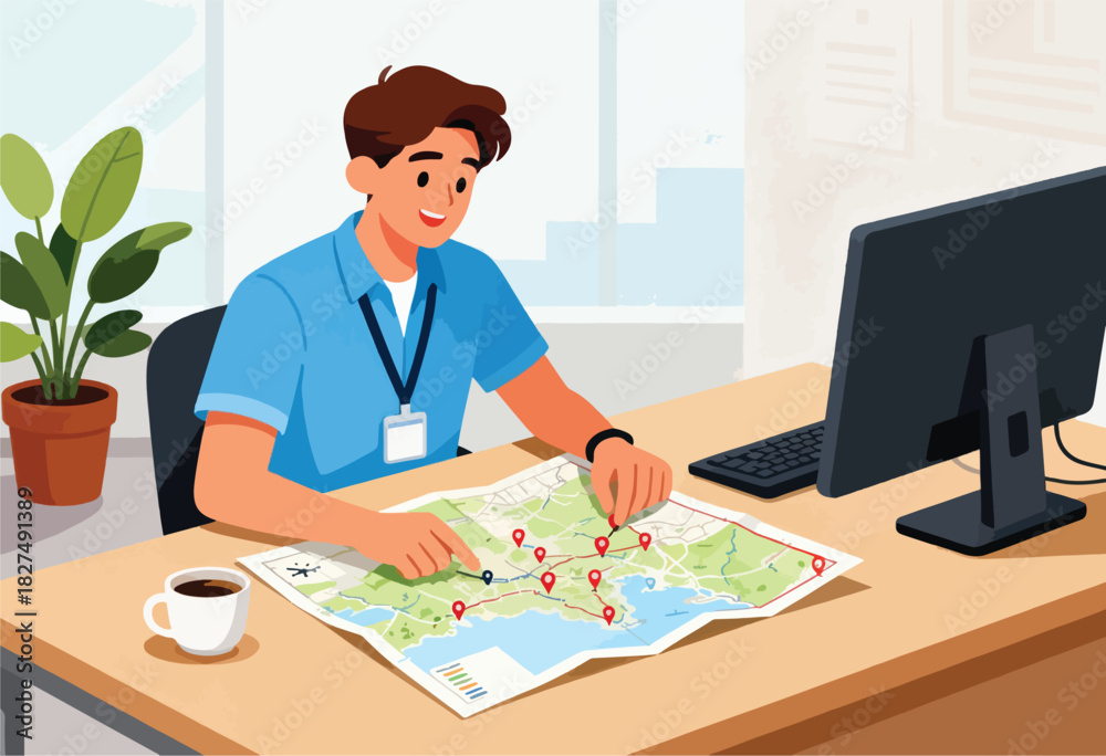 Fototapeta premium A smiling man, wearing a blue shirt and name tag, studies a map with red markers at a desk