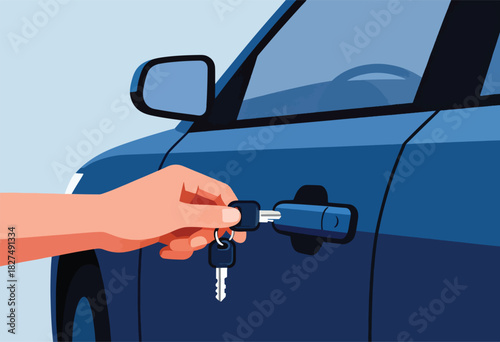 A hand, in a flat design, about to unlock a blue car door with keys. The background is simple
