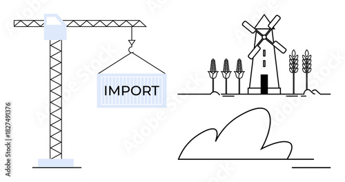 Crane hoisting import container near windmill and wheat field. Ideal for trade, logistics, agriculture, shipping, economy, sustainability, globalization. Clean flat metaphor