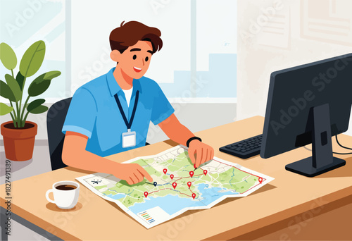 A smiling man, wearing a blue shirt and name tag, studies a map with red markers at a desk