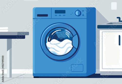 A stylized illustration depicts a blue washing machine with clothing inside, near a counter and cabinet