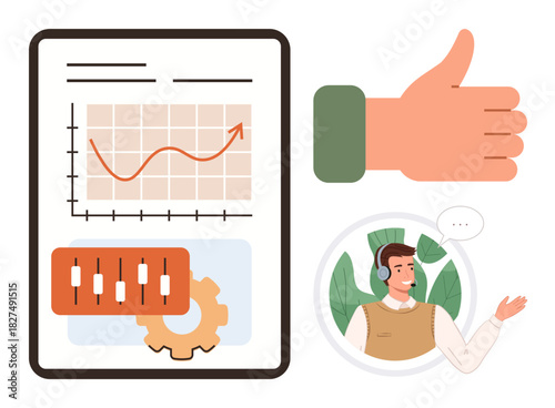 Graph with upward trend, candlestick chart, gear icon, thumbs-up gesture, and smiling support agent. Ideal for business, analytics, success, customer service communication teamwork feedback