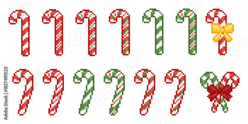 Pixel Christmas Candy cane game icon vector set. Xmas sticks. Santa caramel in retro computer 8 bit pixelated style