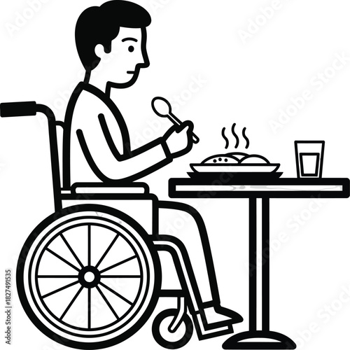 A black and white line art illustration of a young man in a wheelchair eating a hot meal with a spoon at a table.