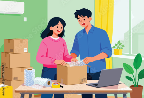 A cheerful couple packs a box with bubble wrap, preparing for a move, with boxes and laptop on a table