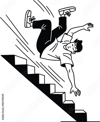 A black and white line art illustration of a man in casual clothes tumbling backwards down a flight of stairs.