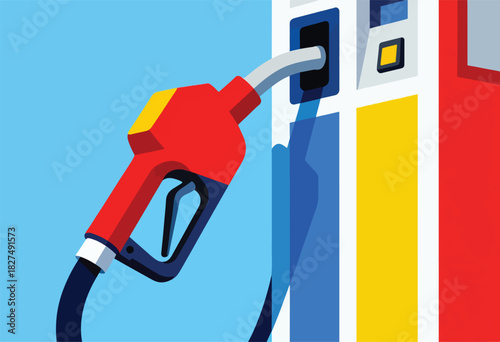 A bold, stylized illustration features a fuel nozzle and pump in primary colors against a blue backdrop
