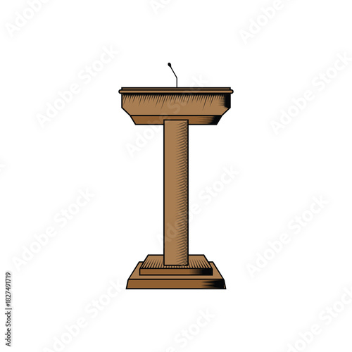 Simple Minimalist Isolated Wooden Speech Podium with Microphone for conference debate or presentation Illustration