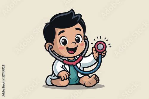 Cartoon baby doctor, holding a stethoscope, smiling, wearing a lab coat, on a solid background
