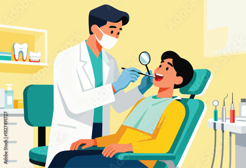 A dentist with mask, gloves, and mirror, examines patient's teeth in a teal chair. Dental tools and shelf visible
