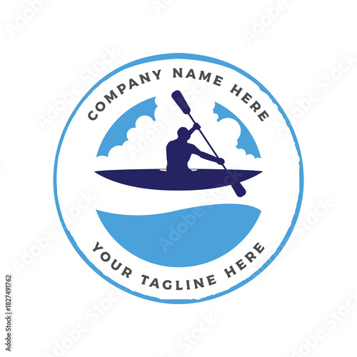 Silhouette of a man paddling in a canoe or kayak for a river kayaking badge emblem