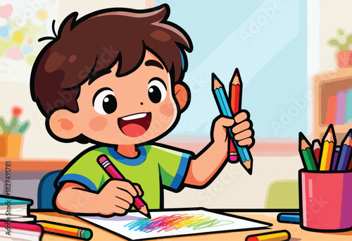 A cartoon child in a room coloring with pencils, smiling happily while holding more pencils