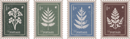 Vintage postage stamps with botanical fern and flower vector