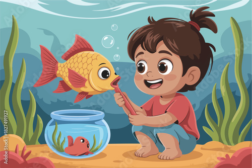 A cheerful child plays with a goldfish in a whimsical underwater scene, featuring bubbles, plants, and a small fishbowl