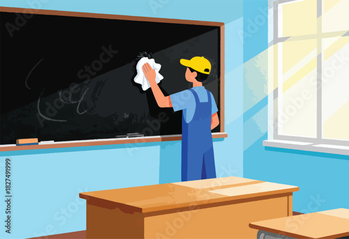 A person in workwear cleans a chalkboard in a classroom, sunlight streams through a window, desks sit in the foreground