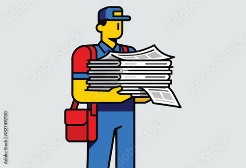 A vector illustration depicts a delivery person holding a stack of newspapers. They wear blue and red uniform