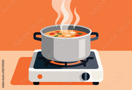 A pot of simmering soup on a stovetop, steam rising. Minimalist illustration with orange and grey colors