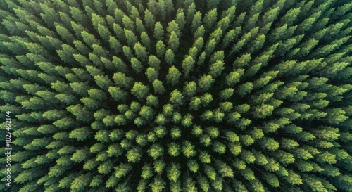 Dense green forest of tall trees planted in perfect rows creating a natural textured pattern, seen from a top-down aerial drone perspective in soft morning light