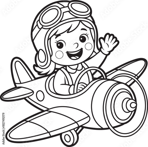 Happy cartoon child pilot in a vintage airplane