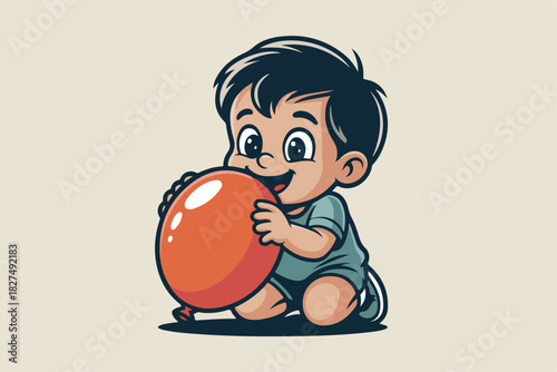 Cartoon child kneeling, holding a large red balloon, smiling, stylized illustration on a neutral background