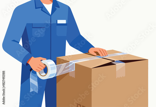 A person in a blue uniform seals a cardboard box with packing tape, preparing it for shipment