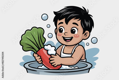 A smiling cartoon boy, in a bib, washes a large radish in a tub with bubbles