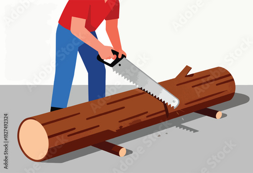 An illustrated depiction of a person sawing a log with a handsaw. Dust and chips fall