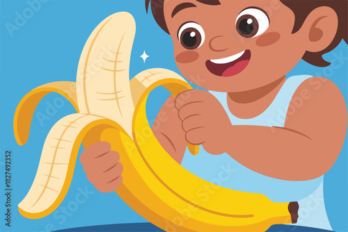 A smiling child with brown skin peels a yellow banana, showcasing fruit and healthy eating habits