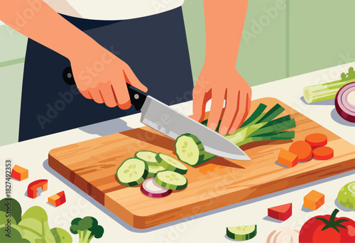 A person uses a knife to cut vegetables on a wooden cutting board with various other veggies around